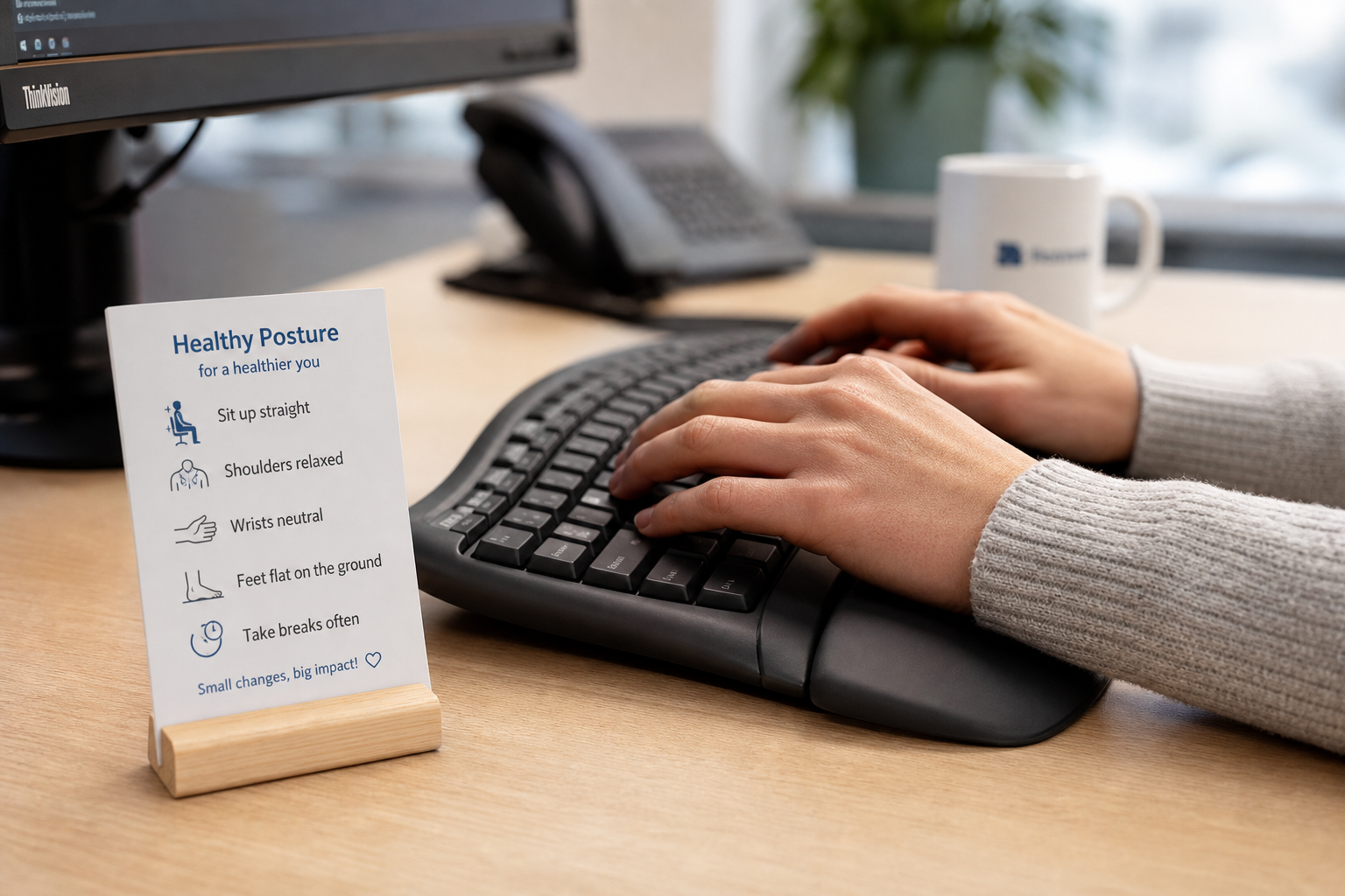 Washyrelbowex Desk Stretch Break program at an ergonomic workstation