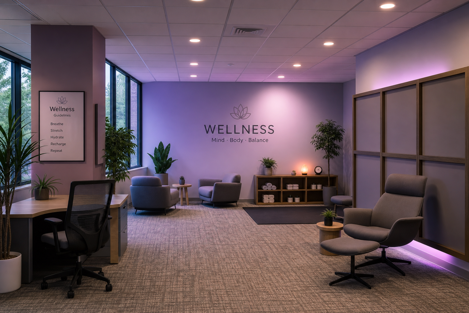 Washyrelbowex wellness lounge designed for office employee health breaks